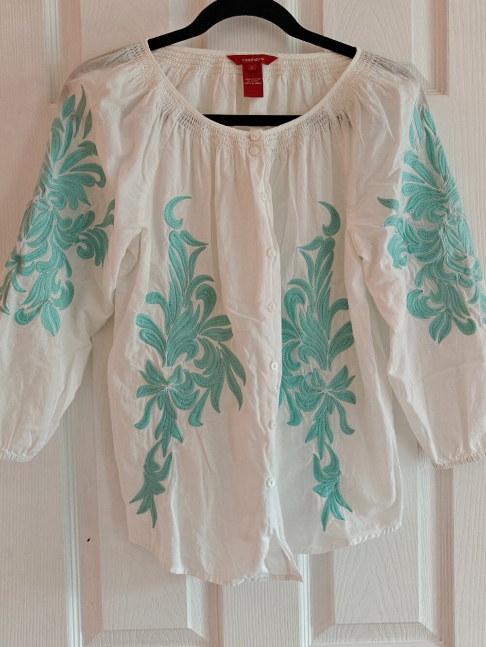 SUNDANCE Embroidered Peasant Blouse Aqua White Cotton Small